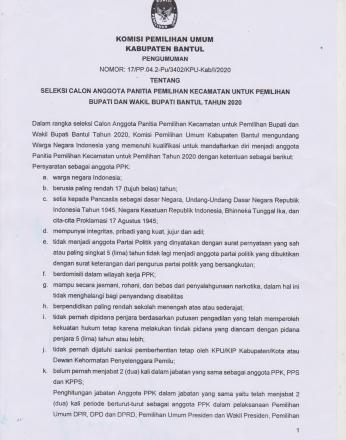 PENGUMUMAN_Seleksi Calon Anggota Panitia Pemilihan Kecamatan untuk Pemilihan Bupati dan Wakil Bupati